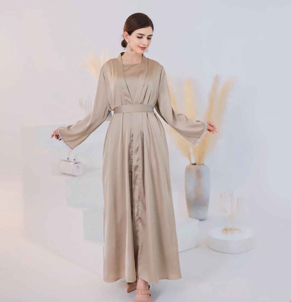 Abaya and Slip Dress 2 Piece Abaya Set Beige
